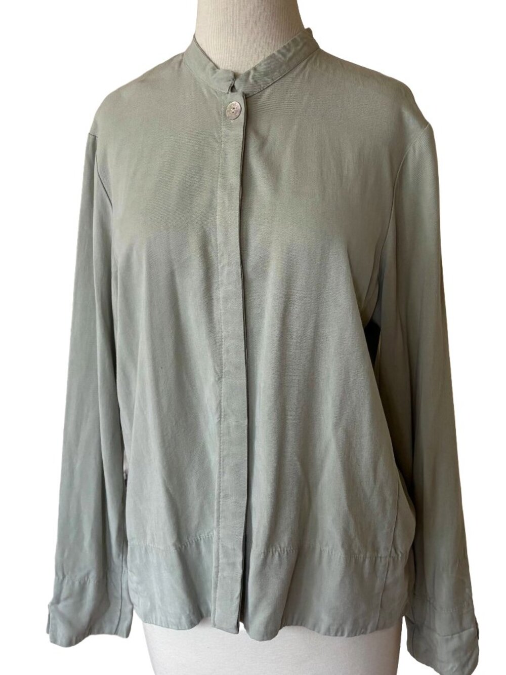 Coldwater Creek Light Sage Green Long Sleeve Blouse Mandarin Collar M Shirt